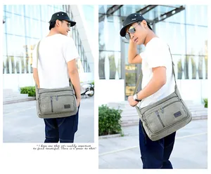 Detail of adjustable wide strap and front zipper pocket on olive green canvas bag