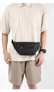 Detail view of the durable black fanny pack with multi-zipper pockets and fashion logo