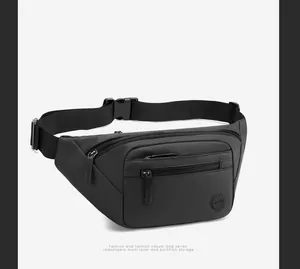Detail view of large capacity waterproof black waist bag with multi-layer zipper compartments