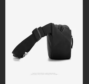 Detail view of durable black nylon waist bag with side structure and sturdy zipper