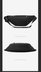 Detail showing water-resistant black waist bag back zipper pocket and plastic buckle