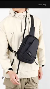 Close-up of waterproof black oxford fabric and fashion lettering on men's crossbody bag