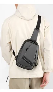 Close-up of durable grey oxford chest bag with waterproof fabric and fashion logo