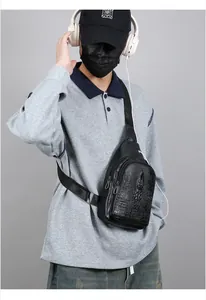 Detail shot of men's black crocodile texture chest bag with double zipper layers