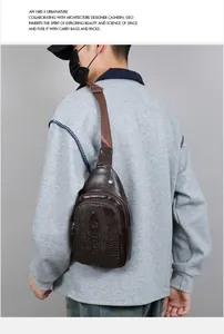 Detailed close-up of a brown crocodile pattern PU leather chest bag worn by a model