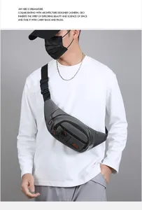 Detail of gray multi-compartment fanny pack with matte texture and adjustable strap buckle