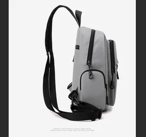Detail showing the multi-layer zipper pockets and side storage of the grey chest bag