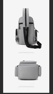 Detail view of light grey nylon chest bag showing back structure and reinforced bottom