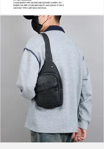 Close-up of black crossbody chest bag with geometric weave texture and zip pocket