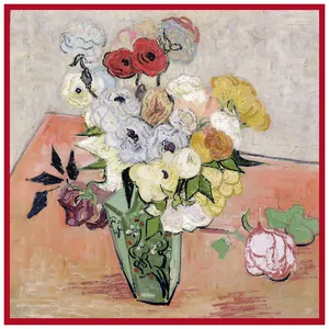 90cm Van Gogh style silk scarf featuring oil painting of anemones and roses