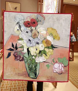 Detailed texture of 90cm Van Gogh style oil painting silk scarf with floral pattern