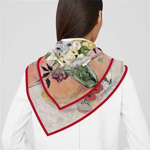 Van Gogh oil painting style 90cm twill silk scarf with vibrant red edges on white coat