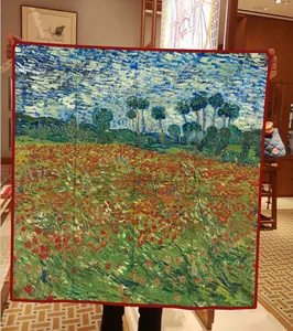 90cm zijden sjaal met Van Gogh olieverfschilderij en rode handgerolde rand voor de lente