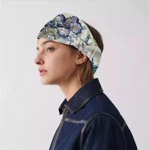 90cm silk-feel scarf with Van Gogh Iris oil painting print worn as an elegant headband