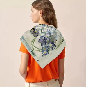 Van Gogh Irises painting print silk scarf worn as a 90cm square luxury headscarf wrap