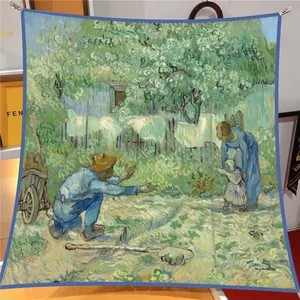 Sciarpa artistica in seta con dipinto di Van Gogh e bordi blu brillanti