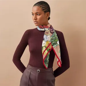 90cm Van Gogh oil painting floral silk scarf with red border on a fashion model
