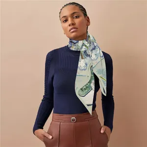 90cm Van Gogh oil painting style silk scarf worn by a model as a luxury shawl wrap