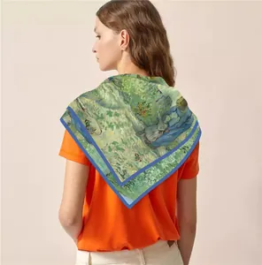 Foulard di seta 90cm stile pittura Van Gogh con vivaci motivi verdi e blu