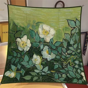 Carré de soie français 90cm peinture Van Gogh avec fleurs blanches sur fond vert émeraude