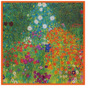 Sciarpa in seta Gustav Klimt Bauerngarten con bordo arancione foulard quadrato da 90cm