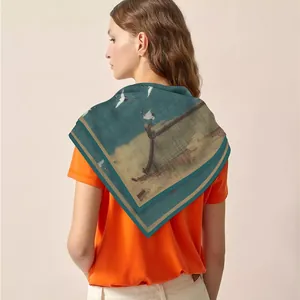 Pañuelo cuadrado de seda de 90cm con estampado de grullas retro y estética oriental clásica