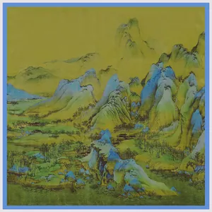 Silk scarf featuring classic green landscape art and elegant dark blue borders