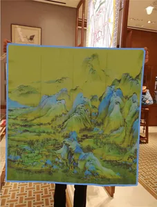 90cm large square silk scarf with traditional Chinese landscape painting of green mountains