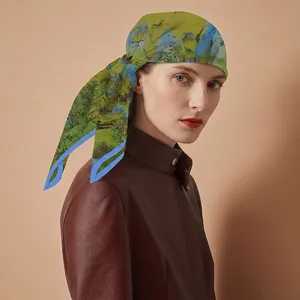 Classic Chinese landscape print silk scarf with emerald green and gold mountain pattern