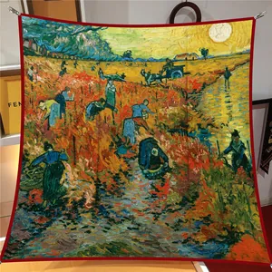 Van Gogh Red Vineyard twill square scarf with vibrant oil painting art and red border