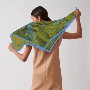 90cm landscape print silk scarf featuring nature oil painting and bright blue edges