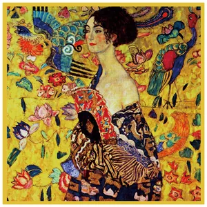 90cm twill square scarf featuring Klimt Lady with a Fan oil painting art print