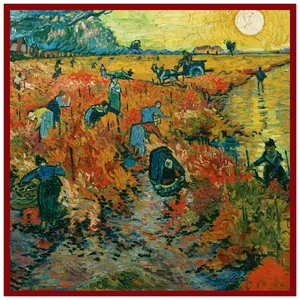 Van Gogh Red Vineyard twill silk scarf with deep red borders 90cm square wrap