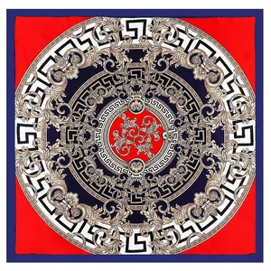 90cm French style baroque silk square scarf with geometric Sanskrit pattern and Greek key border