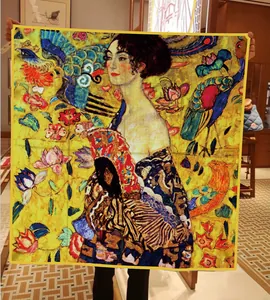 Klimt Lady with a Fan silk scarf in 90cm square twill design shown held by hands