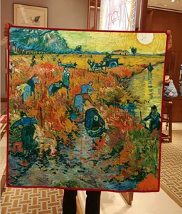 Detail of 90cm twill square scarf featuring Van Gogh's The Red Vineyard oil painting