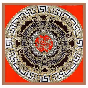 90cm French square silk scarf with red and black baroque gold pattern and greek key border