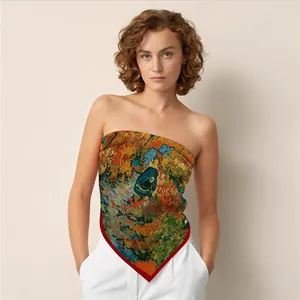 Artistic Van Gogh oil painting print silk scarf worn as a stylish bandeau top with red edges