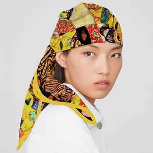 Artistic silk scarf with Klimt oil painting print worn as a vintage headwrap