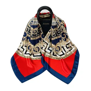 90cm silk-satin scarf featuring elegant red and blue baroque patterns on a white background