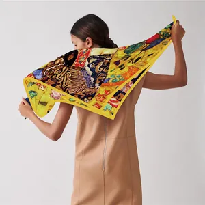 Artistic Klimt oil painting style silk scarf wrap worn by woman on yellow background