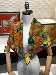 Detailed shot of artistic Van Gogh oil painting style 90cm twill square scarf on mannequin