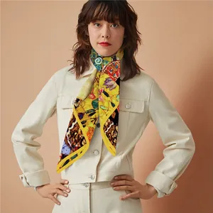 Klimt painting oil style silk scarf for women featuring yellow artistic print patterns