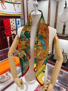 Detail of artistic twill scarf featuring Van Gogh oil painting print with red hem edges