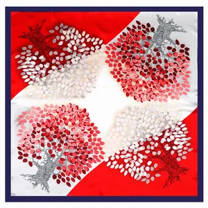 90cm Seiden-Halstuch mit französischem Baummuster in Rot, Weiß und Blau Kontrastdesign