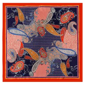 90cm Boho-Seidenschal mit Paisleymuster und geometrischen Motiven in Marineblau und Orange