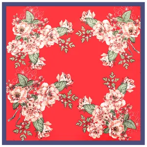 90 cm Damen Seidenschal mit rotem Blumenmuster und dunkelblauem Rand für Eleganz