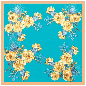 90 cm quadratisches Seidentuch mit gelben Blumen auf seeblauem Grund für Damen
