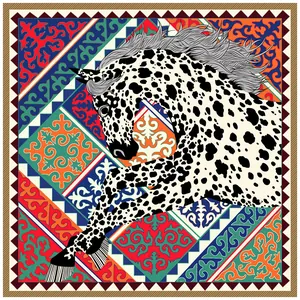 Silk square scarf featuring a running horse design with vibrant geometric patterns