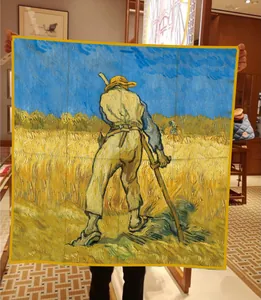 Detail of 90cm Van Gogh Wheatfield silk scarf with vibrant yellow borders and fine texture